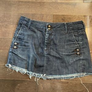 Found Denim mini skirt, distressed, raw hem. Small